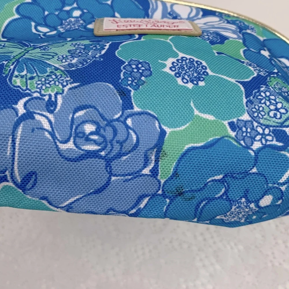 Lilly Pulitzer for Estée Lauder Cosmetic bag pouch gold Zip Close Pink lined